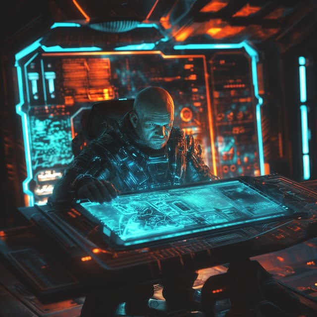 Commander Auto looking at a holo map